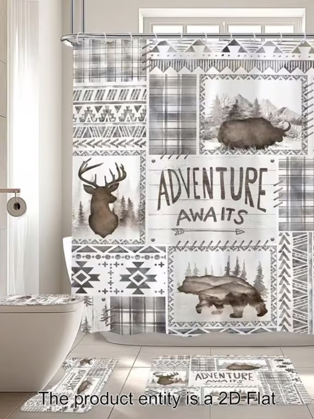 4-Piece Rustic Woodland Cabin Bathroom Set (Shower Curtain, Bath Mat, U-Rug, Toi